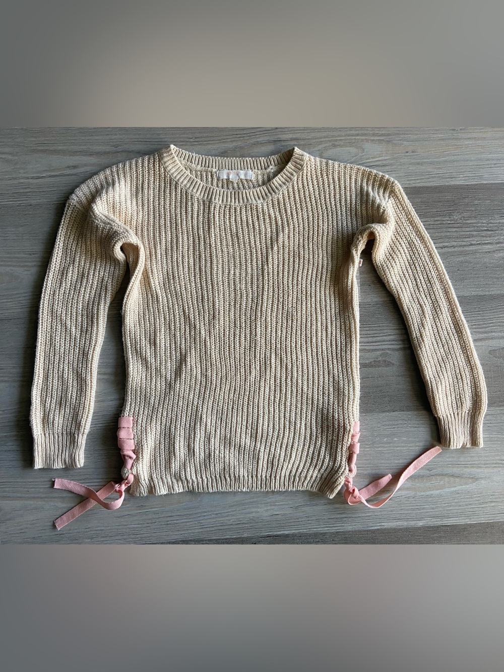 Love @First Sight Girls Coquette Ribbed Knit Ribbon Tie Sweater Cream Pink 10/12